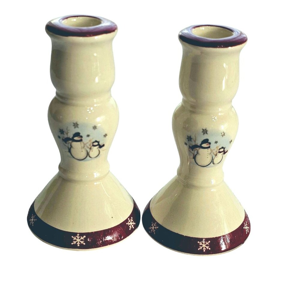 2 Royal Seasons Snowmen Candle Holders 5" red border star trim cottage farmhouse
